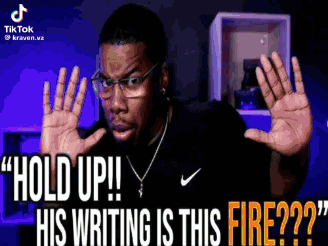 A Man Wearing Glasses And A Nike Shirt Is Making A Funny Face While Holding His Hands Up . GIF