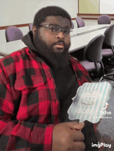 A Man Wearing Glasses And A Plaid Shirt Is Holding A Piece Of Paper With A Ring On It .. GIF