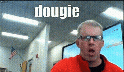 A Man Wearing Glasses And A Red Jacket With The Word Dougie On The Bottom Right GIF