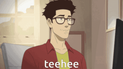 A Man Wearing Glasses And A Red Shirt Says Teehee In A Cartoon GIF