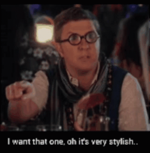 A Man Wearing Glasses And A Scarf Says I Want That One Oh It 'S Very Stylish .. GIF
