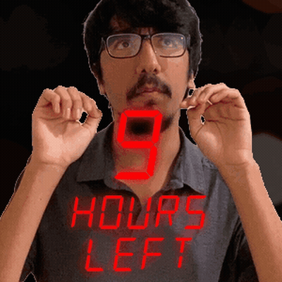 A Man Wearing Glasses And A Shirt That Says 9 Hours Left In Red GIF
