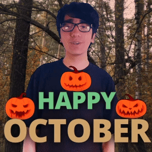 A Man Wearing Glasses And A Shirt That Says Happy October With Pumpkins On It GIF
