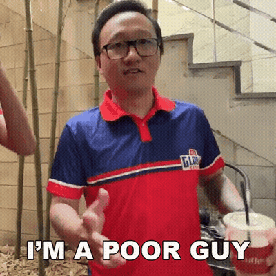 A Man Wearing Glasses And A Shirt That Says ' I 'M A Poor Guy ' On It GIF