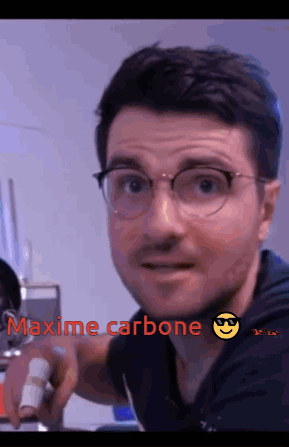 A Man Wearing Glasses And A Smiley Face Has The Word Maxime Carbone Above Him GIF