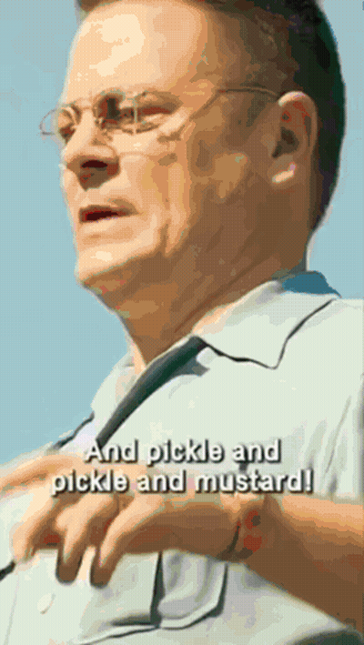 A Man Wearing Glasses And A Tie With The Words " And Pickle And Pickle And Mustard " Below Him GIF