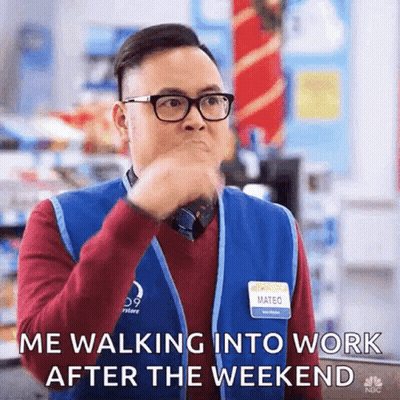 A Man Wearing Glasses And A Vest Says Me Walking Into Work After The Weekend GIF