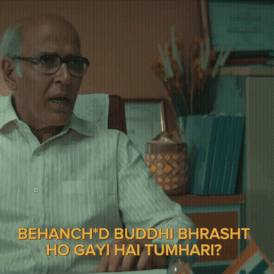 A Man Wearing Glasses And A White Shirt Says " Behanch * D Buddhi Bhrasht Ho Gayi Hai Tumhari " GIF