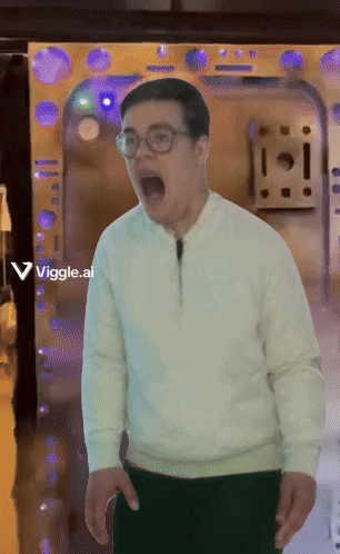 A Man Wearing Glasses And A White Sweater Is Standing In Front Of A Door With A Viggle.ai Sticker On It GIF