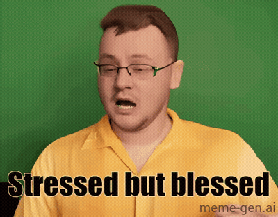A Man Wearing Glasses And A Yellow Shirt Says " Stressed But Blessed " GIF
