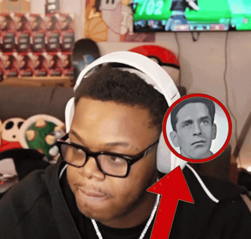 A Man Wearing Glasses And Headphones Has A Picture Of A Man In A Red Circle On His Ear GIF