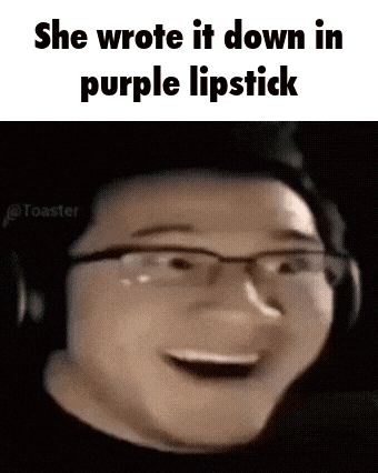 A Man Wearing Glasses And Headphones Is Smiling While Holding A Purple Lipstick . GIF