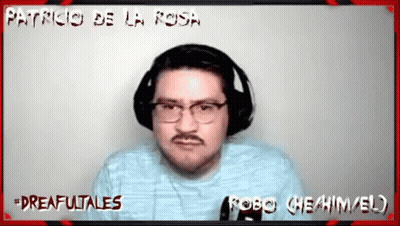 A Man Wearing Glasses And Headphones With The Name Patricio De La Rosa Below Him GIF
