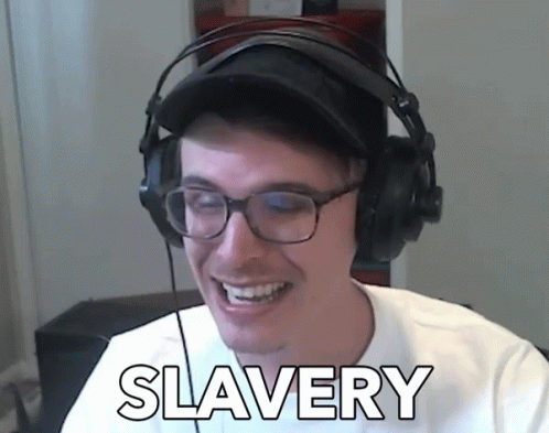 A Man Wearing Glasses And Headphones With The Word Slavery On The Bottom GIF
