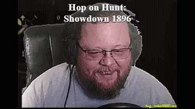 A Man Wearing Glasses And Headphones With The Words Hop On Hunt Showdown 1896 Written Above Him GIF