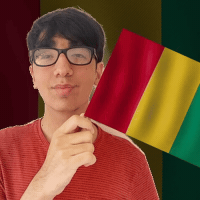 A Man Wearing Glasses Holds A Red Yellow And Green Flag In Front Of Him GIF