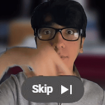 A Man Wearing Glasses Holds His Hand To His Face In Front Of A Button That Says Skip GIF