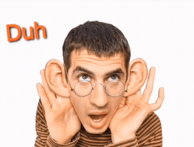 A Man Wearing Glasses Is Covering His Ears With His Hands And The Word Duh Is Behind Him GIF