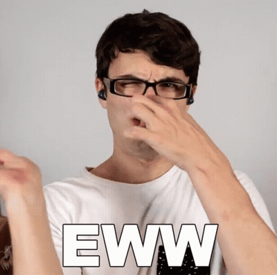 A Man Wearing Glasses Is Covering His Nose With His Hand And The Word Eww Is On The Bottom Right GIF