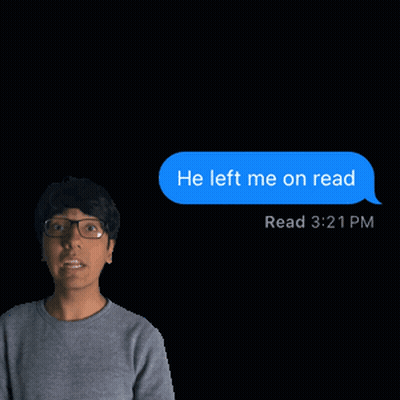 A Man Wearing Glasses Is Looking At A Text Message That Says He Left Me On Read GIF