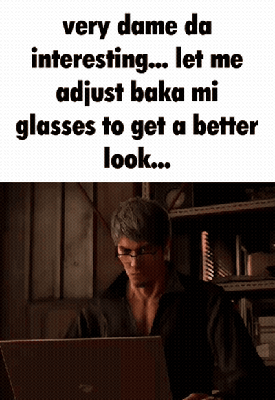 A Man Wearing Glasses Is Sitting In Front Of A Laptop Computer With A Caption That Says Very Dame Da Interesting GIF