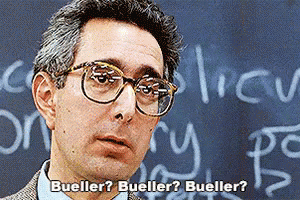 A Man Wearing Glasses Is Standing In Front Of A Blackboard With The Words Bueller Bueller Bueller Written On It GIF
