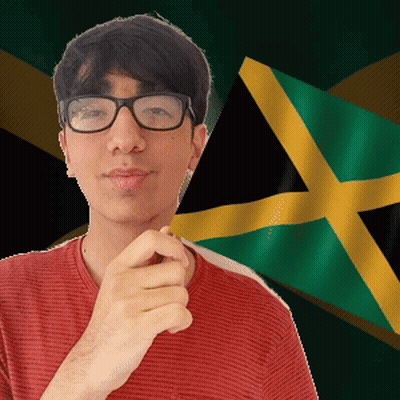 A Man Wearing Glasses Is Standing In Front Of A Flag GIF