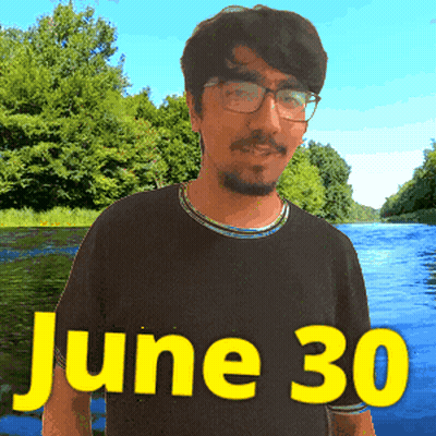 A Man Wearing Glasses Is Standing In Front Of A River And The Date June 30 GIF