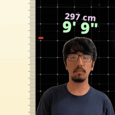 A Man Wearing Glasses Is Standing In Front Of A Ruler That Says 297 Cm 9 ' 9 ' GIF
