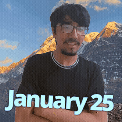 A Man Wearing Glasses Is Standing In Front Of Mountains And The Date January 25 GIF