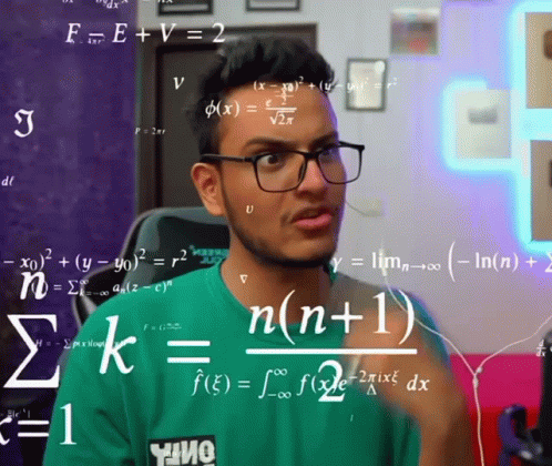 A Man Wearing Glasses Is Surrounded By Mathematical Equations And Symbols GIF