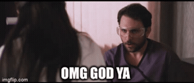 A Man Wearing Glasses Is Talking To A Woman And The Words Omg God Ya Are On The Screen GIF
