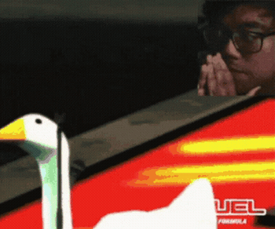A Man Wearing Glasses Looks At A Swan In Front Of A Red And Yellow Sign That Says Uel Formula GIF