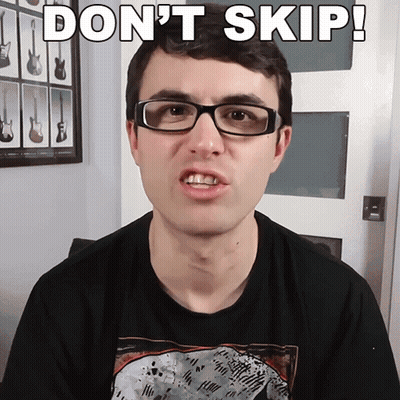 A Man Wearing Glasses Says " Don 'T Skip " In White Letters GIF