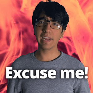 A Man Wearing Glasses Says Excuse Me In Front Of A Flaming Background GIF