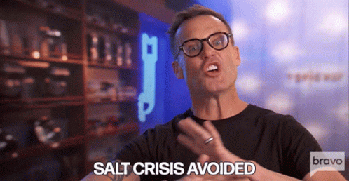 A Man Wearing Glasses Says " Salt Crisis Avoided " GIF