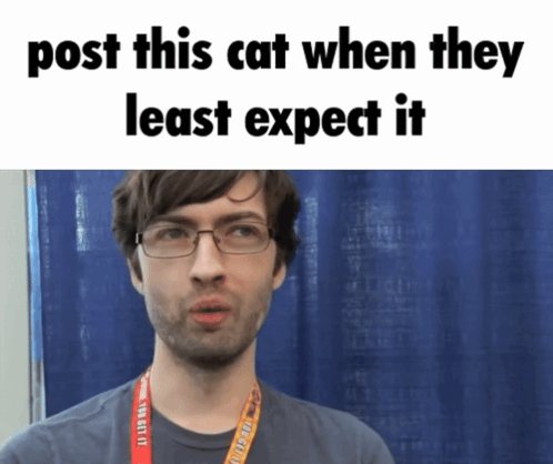 A Man Wearing Glasses Stands In Front Of A Blue Curtain With The Words Post This Cat When They Least Expect It At The To GIF
