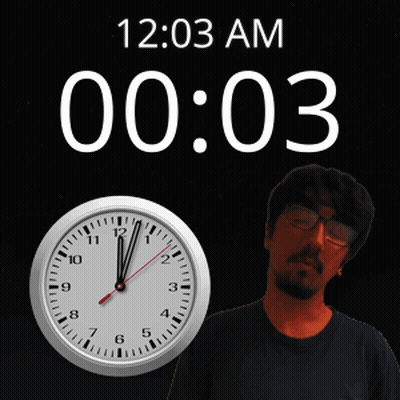 A Man Wearing Glasses Stands In Front Of A Clock That Says 12:03 Am GIF