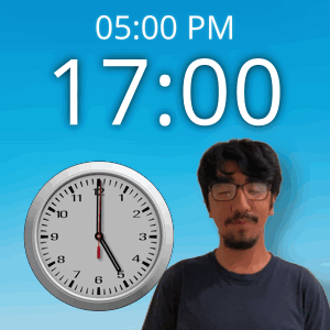A Man Wearing Glasses Stands In Front Of A Clock That Says 5:00 Pm GIF