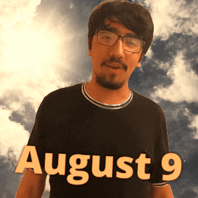 A Man Wearing Glasses Stands In Front Of A Cloudy Sky And The Date August 9 GIF