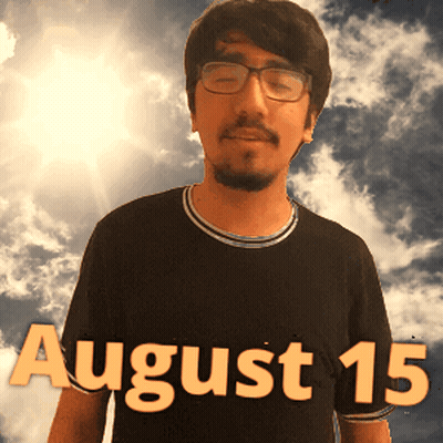 A Man Wearing Glasses Stands In Front Of A Cloudy Sky With The Date August 15 GIF