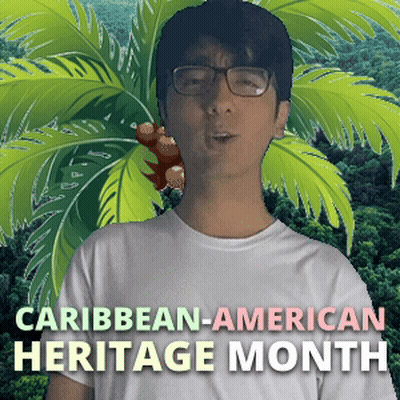 A Man Wearing Glasses Stands In Front Of A Palm Tree With The Words Caribbean-American Heritage Month GIF