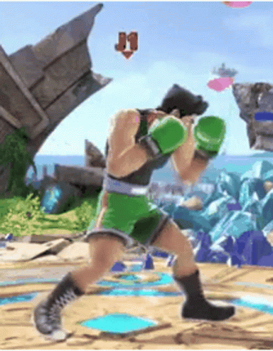 A Man Wearing Green Boxing Gloves Is Playing A Video Game On A Beach . GIF