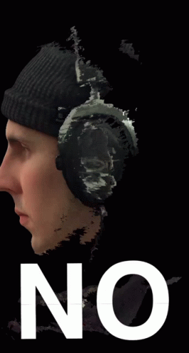 A Man Wearing Headphones And A Beanie Has The Word No On The Bottom Right GIF