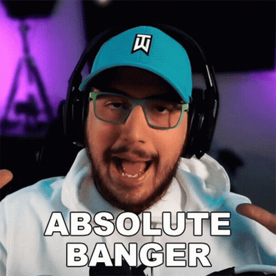A Man Wearing Headphones And A Blue Hat Is Saying Absolute Banger GIF