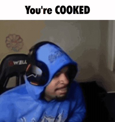 A Man Wearing Headphones And A Blue Hoodie With The Words `` You 'Re Cooked '' Written On It . GIF