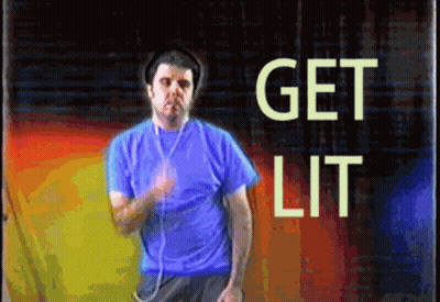 A Man Wearing Headphones And A Blue Shirt Is Dancing In Front Of The Words Get Lit GIF
