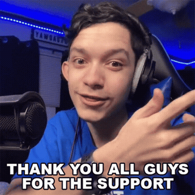 A Man Wearing Headphones And A Blue Shirt Says " Thank You All Guys For The Support " GIF