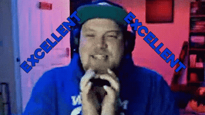 A Man Wearing Headphones And A Blue Shirt With The Words Excellent On The Bottom GIF