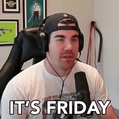 A Man Wearing Headphones And A Hat Is Sitting In Front Of A Microphone With The Words `` It 'S Friday '' . GIF
